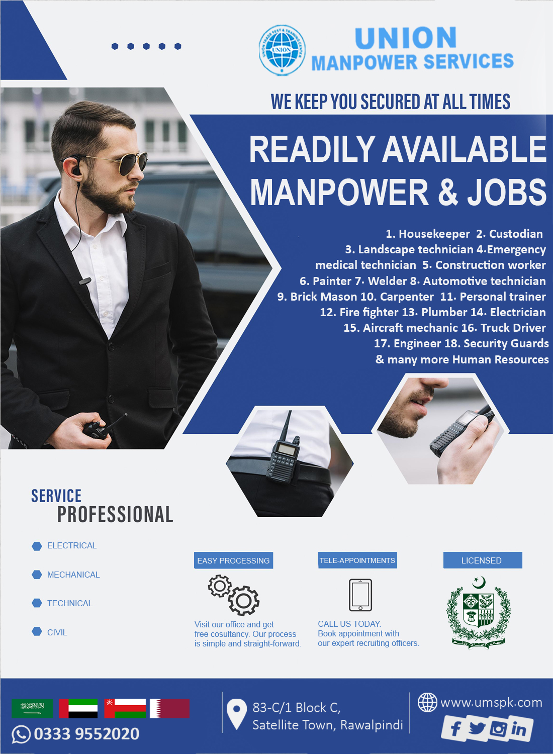 Union Manpower Services is one of the best overseas employment Agencies in Rawalpindi. Union Manpower Services works with many trades.